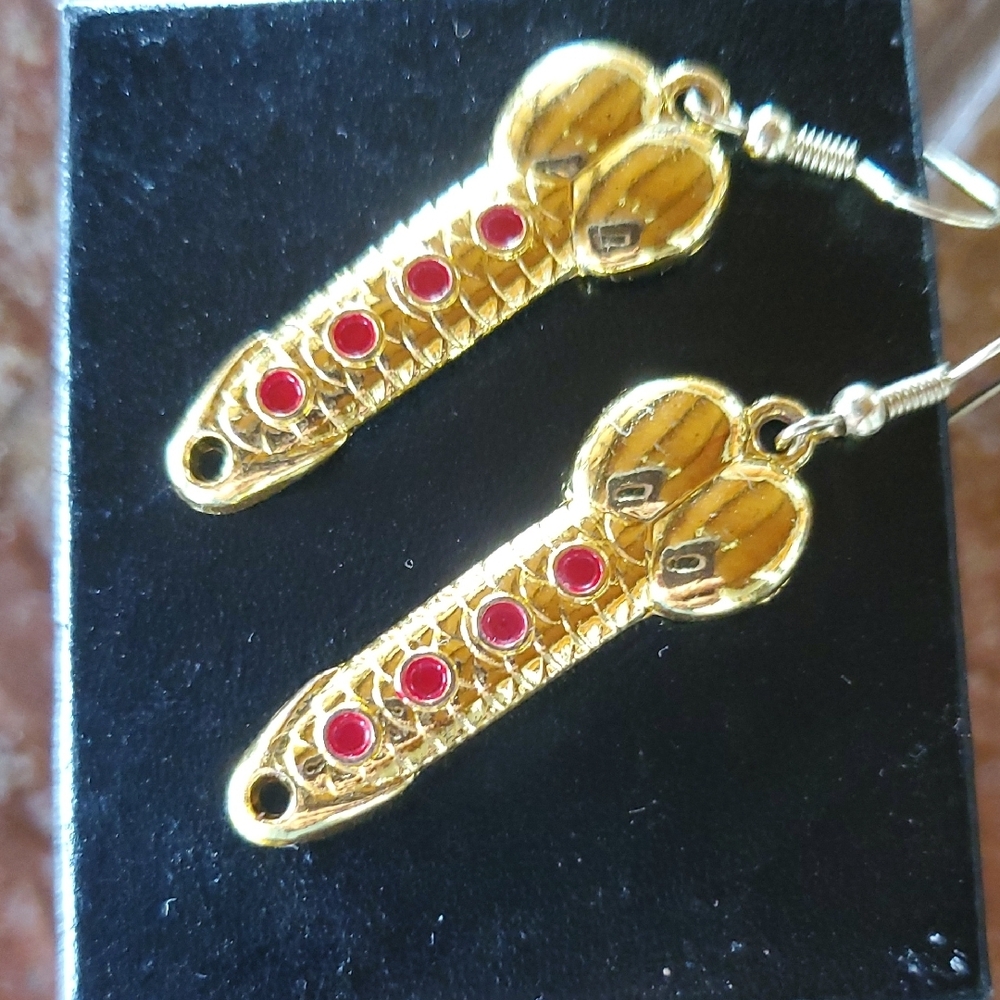 Gold Lure Earrings with Red Accents